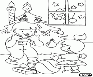 Pintar Nena descobrint els seus regals sota l'arbre de Nadal i el Pare Noel mirant per la finestra